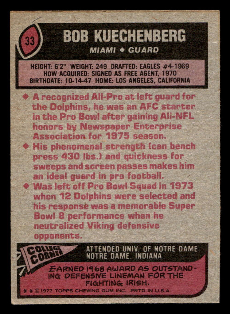 1977 Topps #33 Bob Kuechenberg Ex-Mint  ID: 501533
