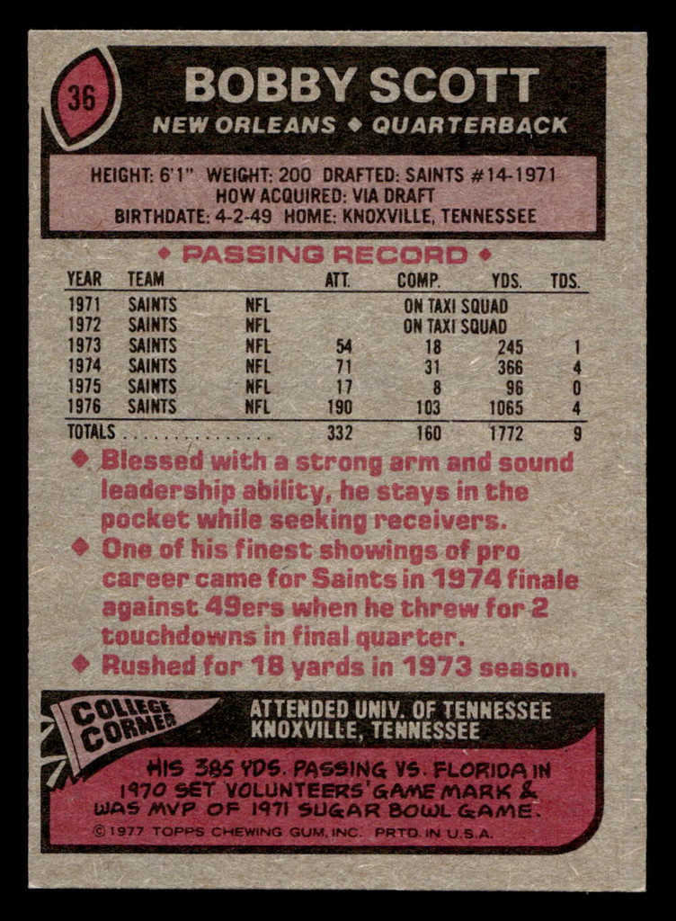 1977 Topps #36 Bobby Scott Near Mint  ID: 501545