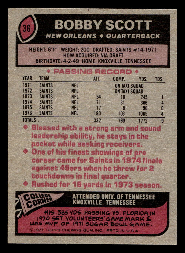 1977 Topps #36 Bobby Scott Near Mint  ID: 501547