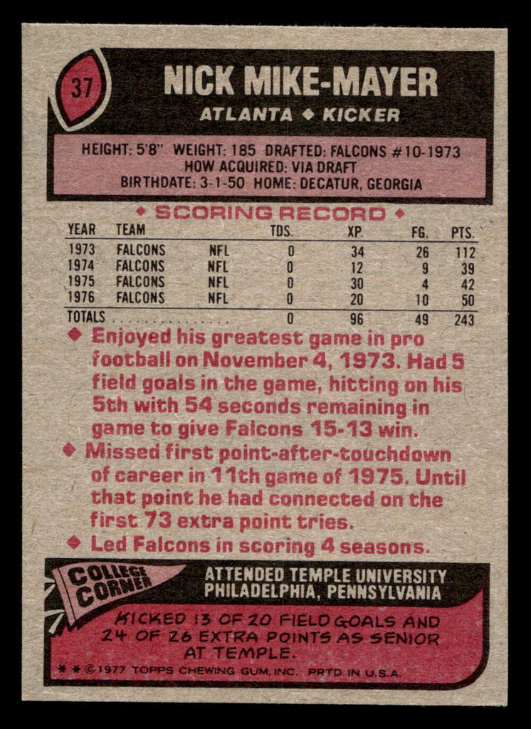 1977 Topps #37 Nick Mike-Mayer Ex-Mint  ID: 501549