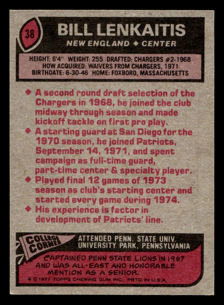 1977 Topps #38 Bill Lenkaitis Ex-Mint  ID: 501555
