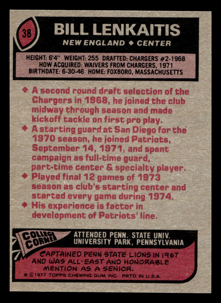 1977 Topps #38 Bill Lenkaitis Near Mint  ID: 501556