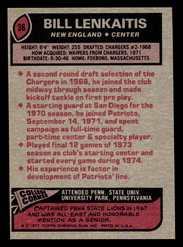1977 Topps #38 Bill Lenkaitis Near Mint  ID: 501557