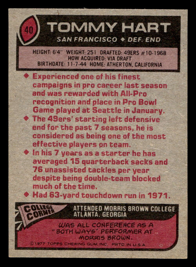 1977 Topps #40 Tommy Hart AP Ex-Mint  ID: 501565