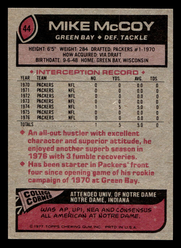 1977 Topps #44 Mike McCoy Near Mint  ID: 501581