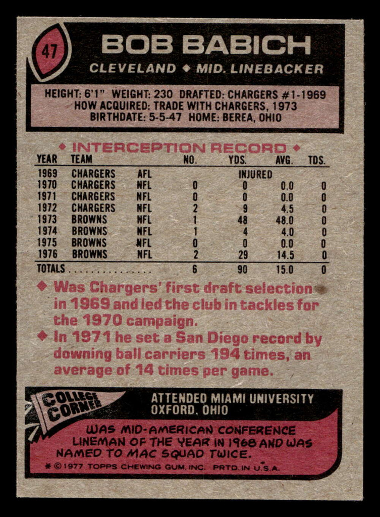 1977 Topps #47 Bob Babich Ex-Mint  ID: 501591
