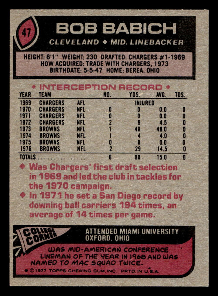 1977 Topps #47 Bob Babich Ex-Mint  ID: 501592