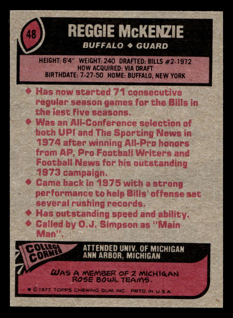 1977 Topps #48 Reggie Mckenzie Near Mint  ID: 501595