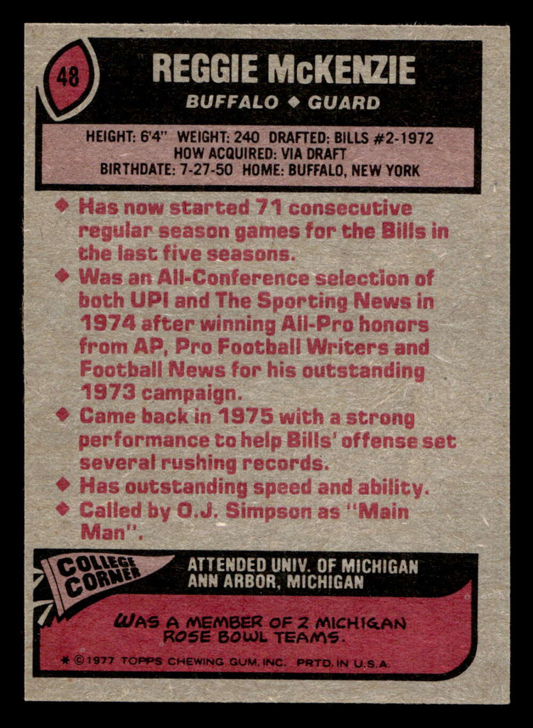 1977 Topps #48 Reggie Mckenzie Near Mint  ID: 501599