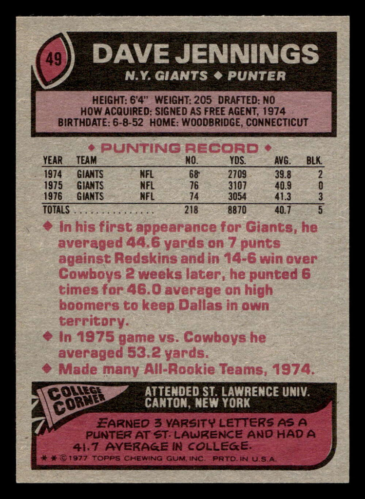 1977 Topps #49 Dave Jennings Ex-Mint  ID: 501601