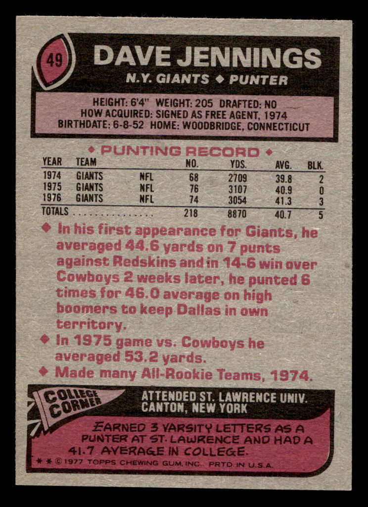 1977 Topps #49 Dave Jennings Near Mint  ID: 501602