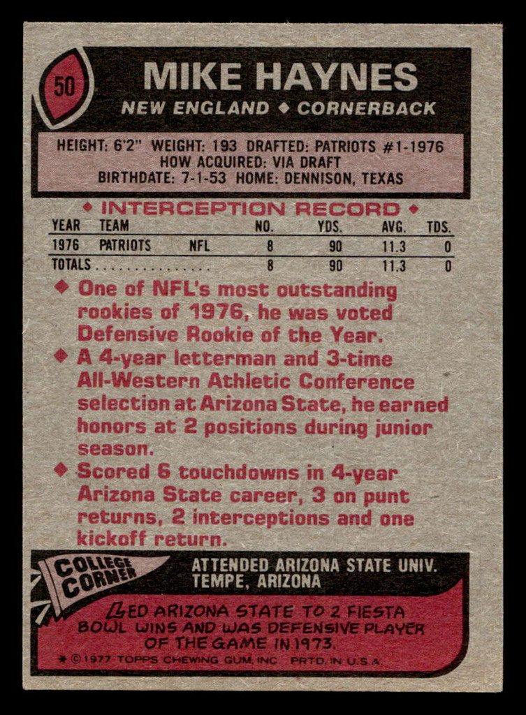 1977 Topps #50 Mike Haynes Excellent+ RC Rookie  ID: 501608