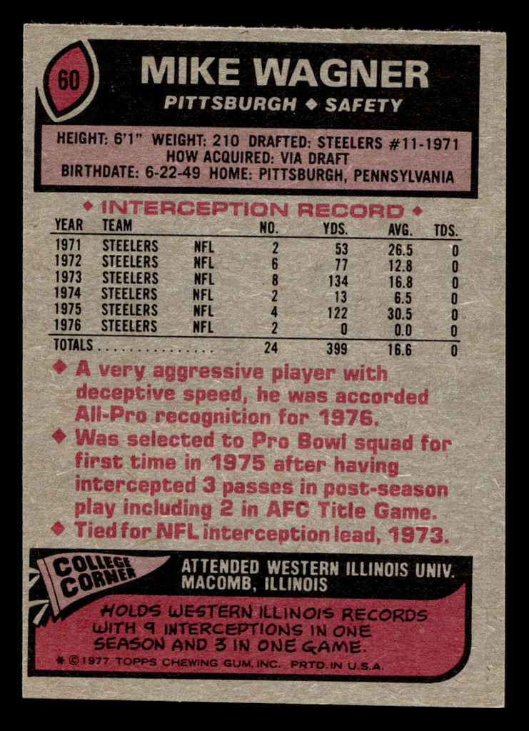 1977 Topps #60 Mike Wagner AP Near Mint  ID: 501654