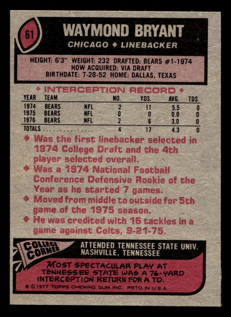 1977 Topps #61 Waymond Bryant Near Mint  ID: 501656