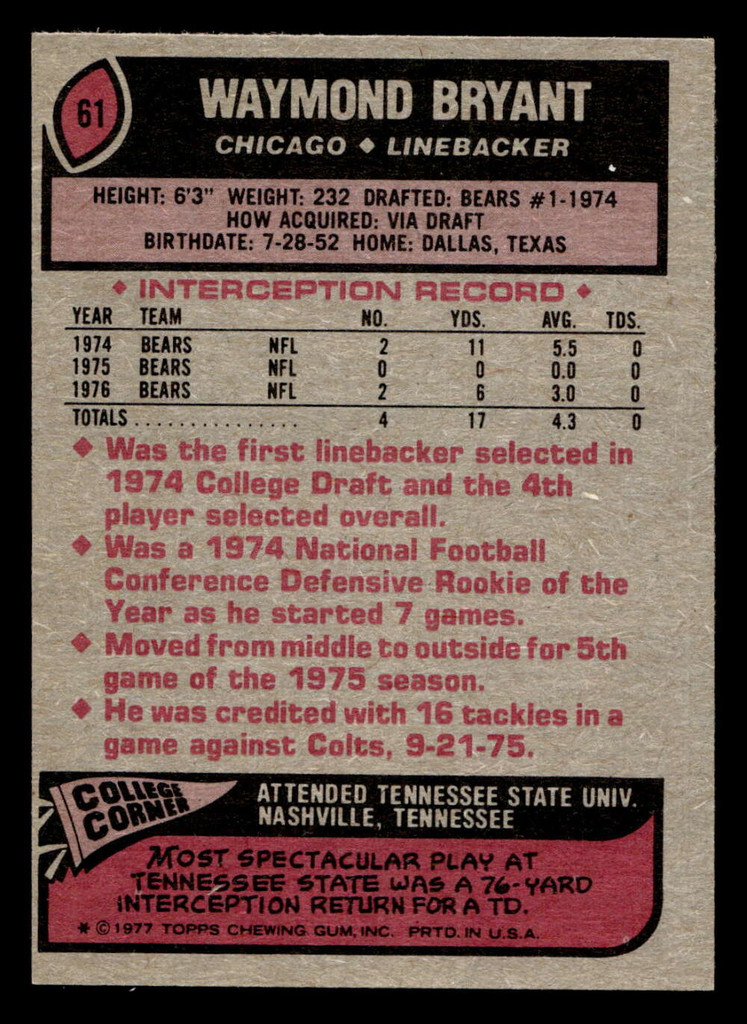 1977 Topps #61 Waymond Bryant Near Mint  ID: 501657