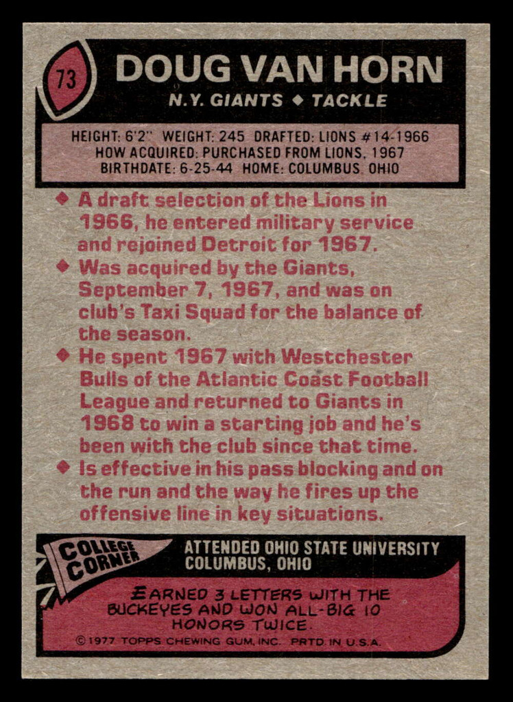 1977 Topps #73 Doug Van Horn Near Mint  ID: 501712