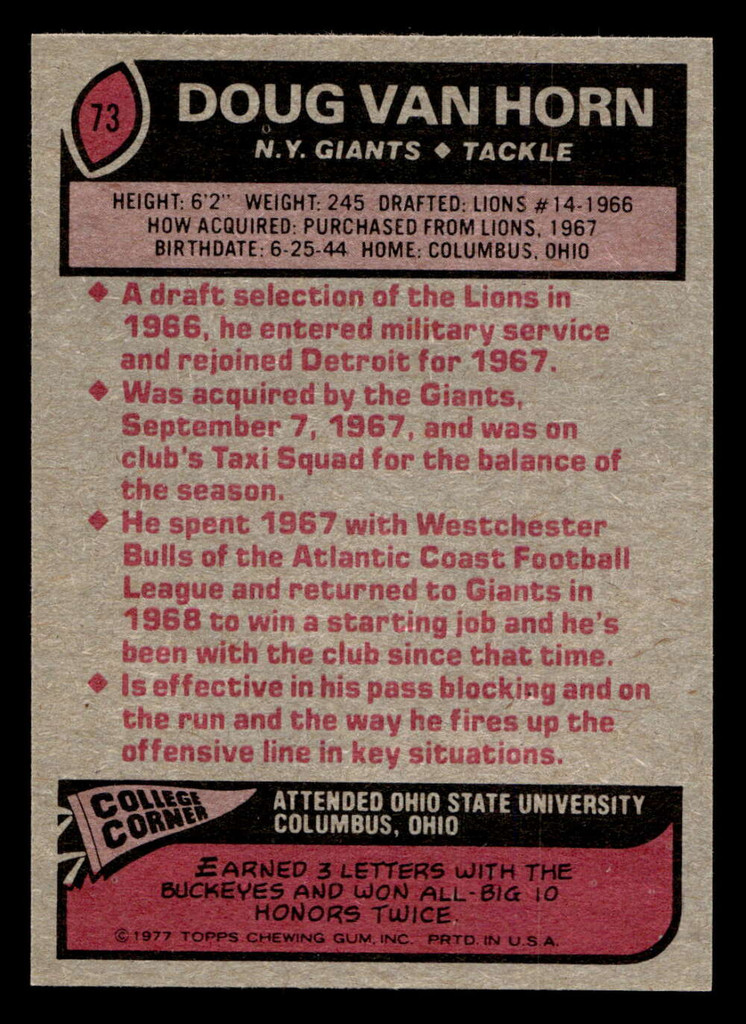 1977 Topps #73 Doug Van Horn Near Mint  ID: 501715