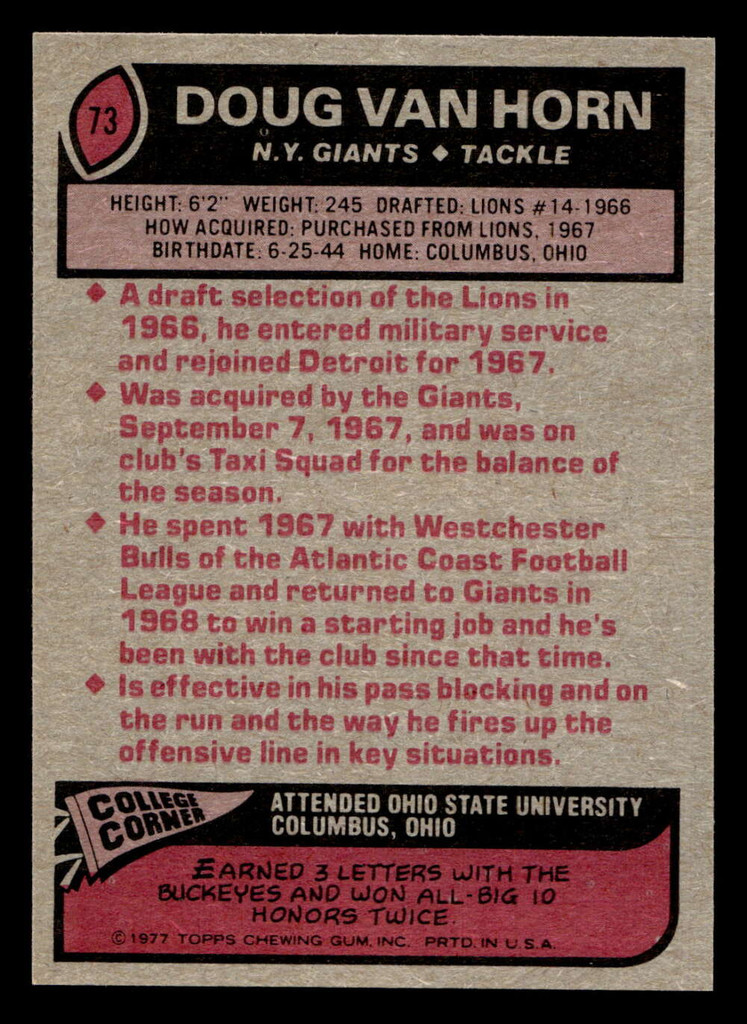 1977 Topps #73 Doug Van Horn Near Mint  ID: 501716
