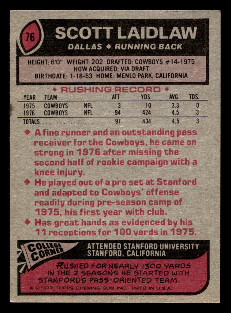 1977 Topps #76 Scott Laidlaw Near Mint  ID: 501725