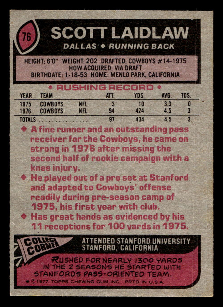 1977 Topps #76 Scott Laidlaw Ex-Mint  ID: 501727
