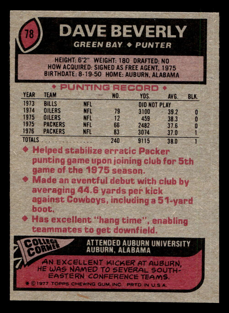 1977 Topps #78 Dave Beverly Ex-Mint  ID: 501746