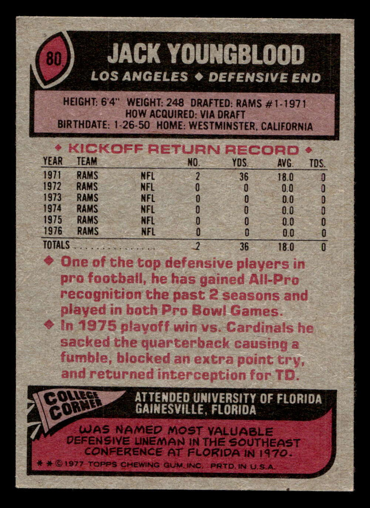1977 Topps #80 Jack Youngblood Ex-Mint  ID: 501765