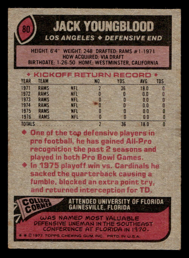 1977 Topps #80 Jack Youngblood Ex-Mint  ID: 501768