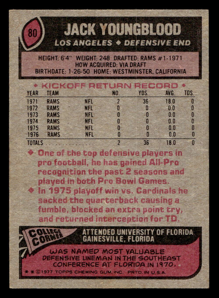 1977 Topps #80 Jack Youngblood Ex-Mint  ID: 501774