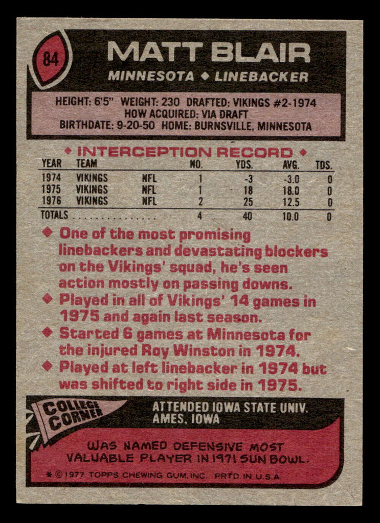 1977 Topps #84 Matt Blair Ex-Mint RC Rookie  ID: 502000