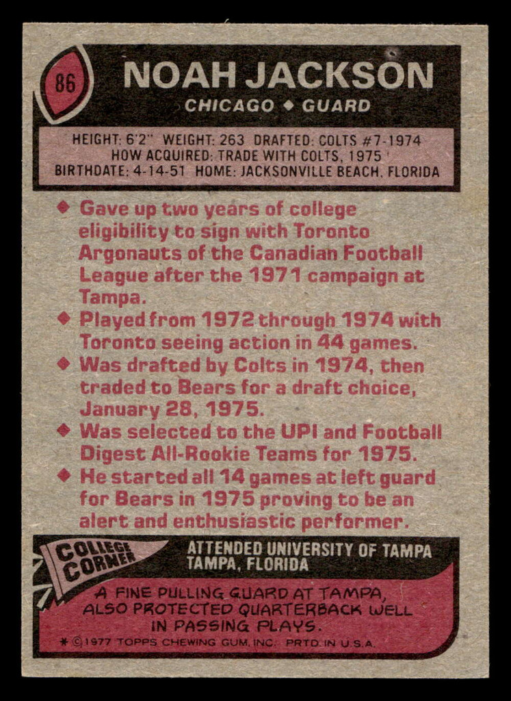 1977 Topps #86 Noah Jackson Ex-Mint  ID: 502012