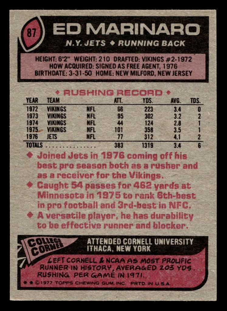1977 Topps #87 Ed Marinaro Ex-Mint  ID: 502014