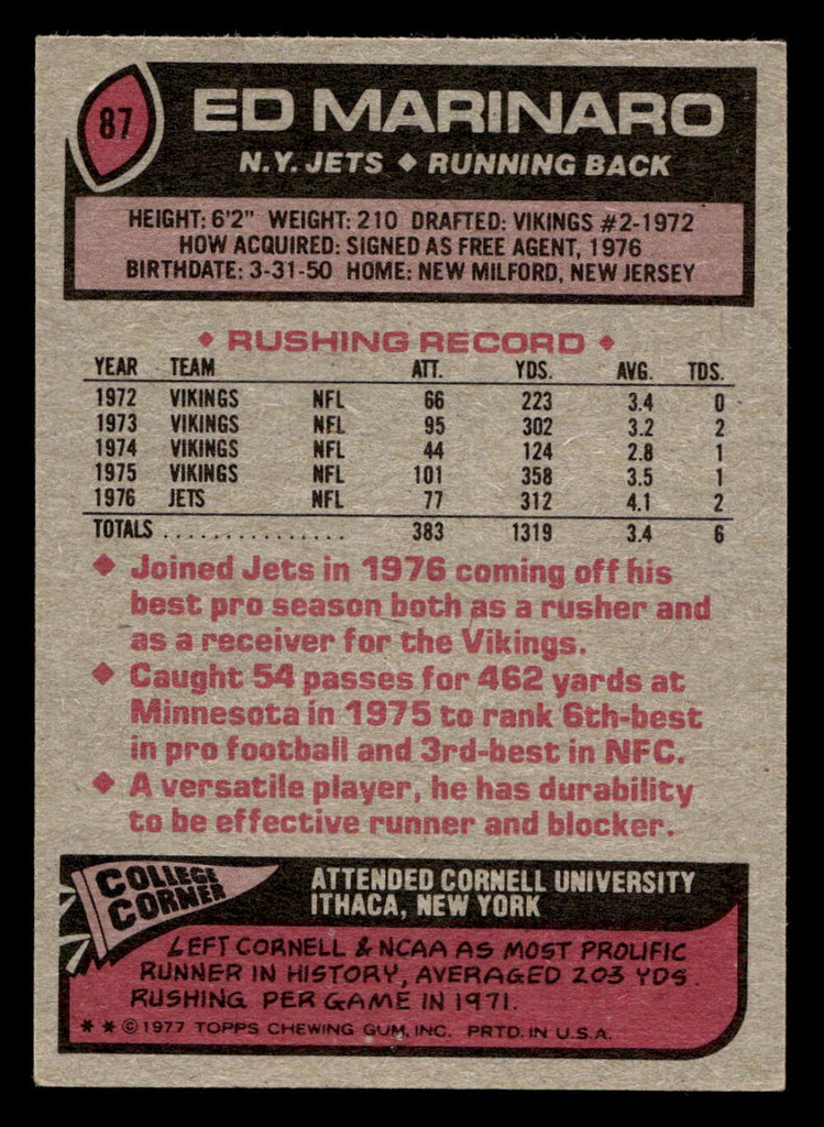 1977 Topps #87 Ed Marinaro Very Good 
