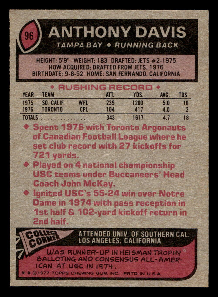 1977 Topps #96 Anthony Davis Ex-Mint RC Rookie  ID: 502053