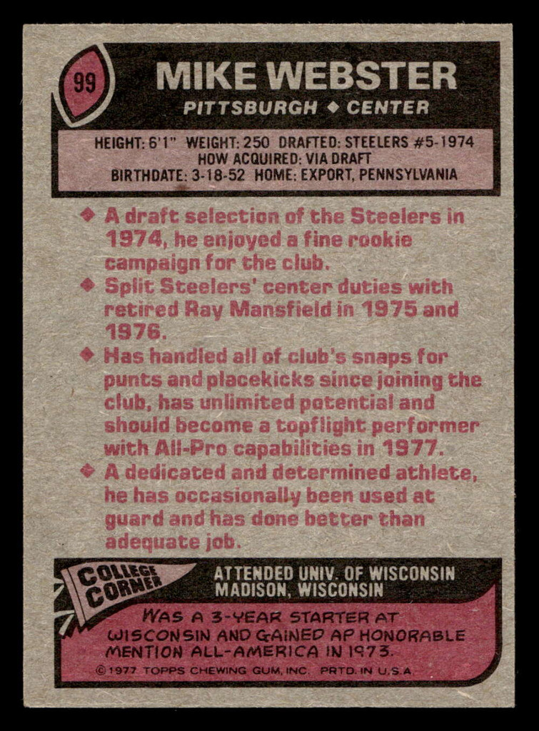 1977 Topps #99 Mike Webster Ex-Mint RC Rookie  ID: 502065