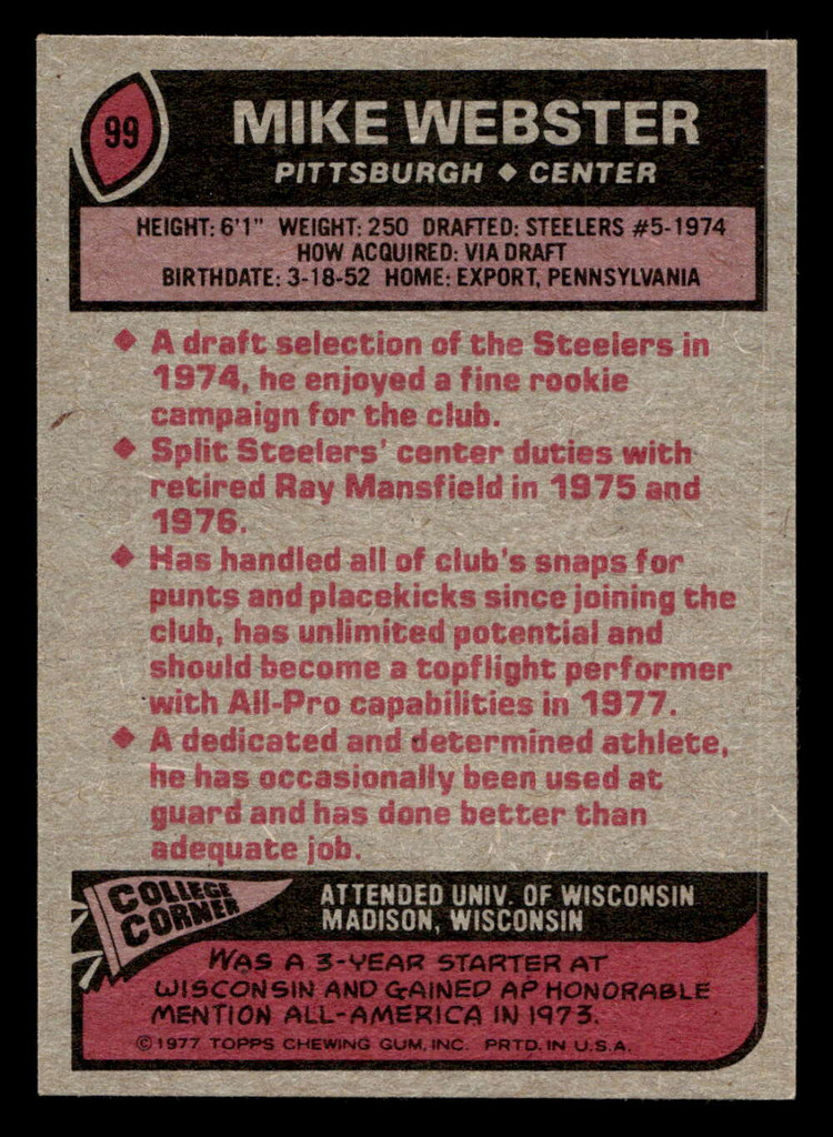 1977 Topps #99 Mike Webster Ex-Mint RC Rookie  ID: 502067