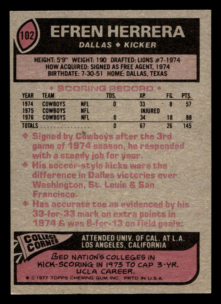 1977 Topps #102 Efren Herrera Ex-Mint  ID: 502075