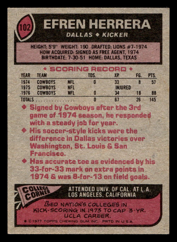 1977 Topps #102 Efren Herrera Near Mint  ID: 502077