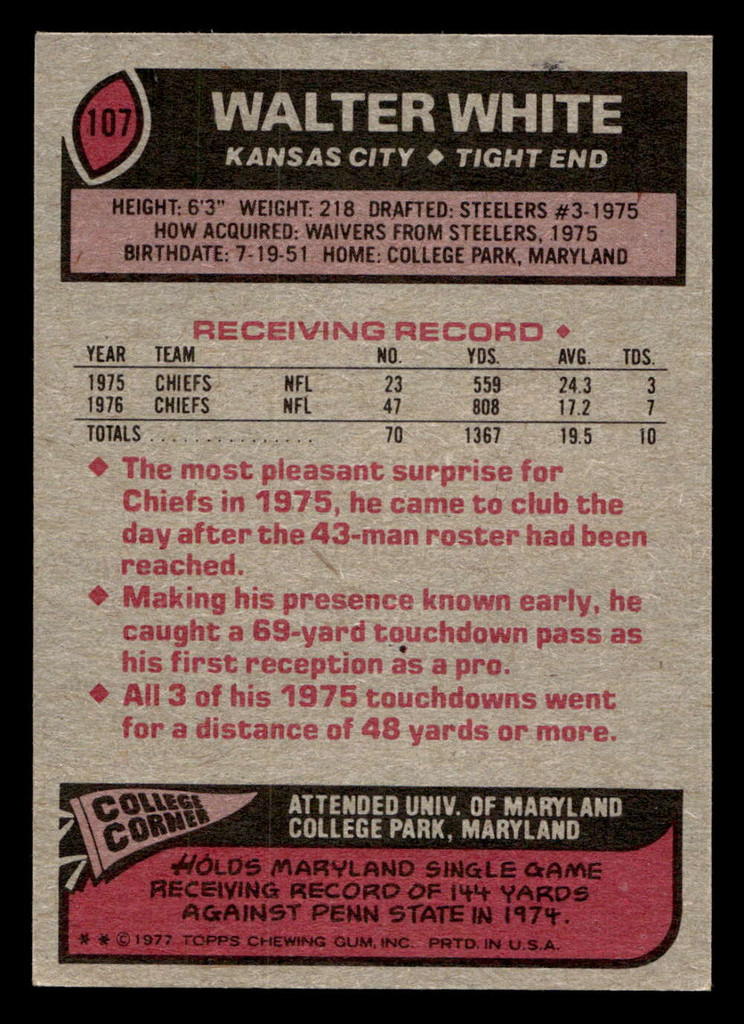 1977 Topps #107 Walter White Near Mint  ID: 502102