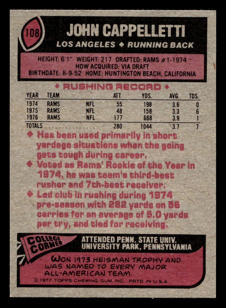 1977 Topps #108 John Cappelletti Near Mint RC Rookie  ID: 502103