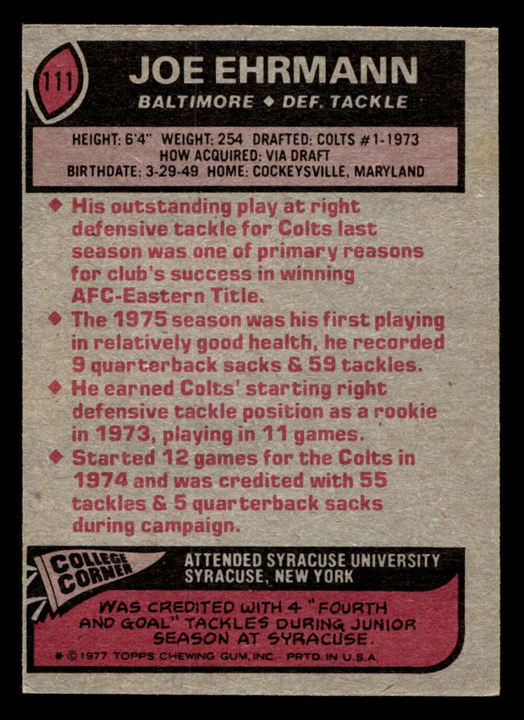 1977 Topps #111 Joe Ehrmann Ex-Mint  ID: 502114
