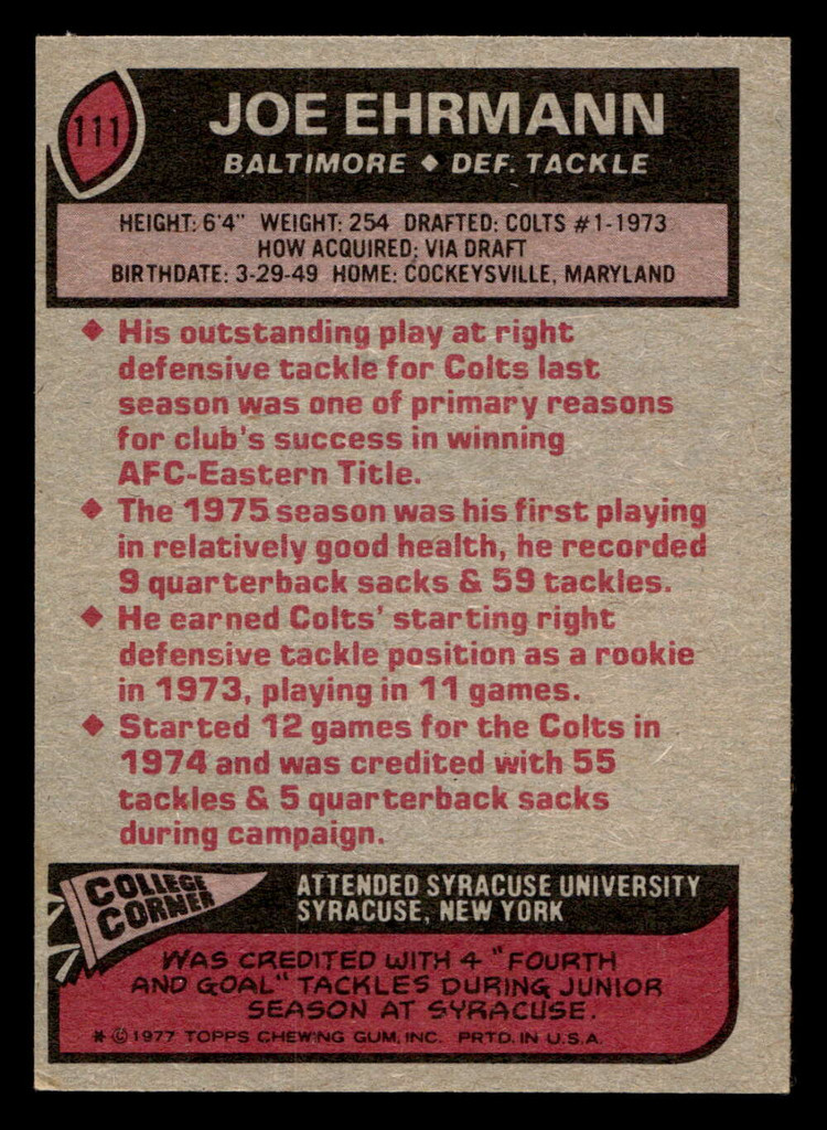 1977 Topps #111 Joe Ehrmann Ex-Mint  ID: 502115