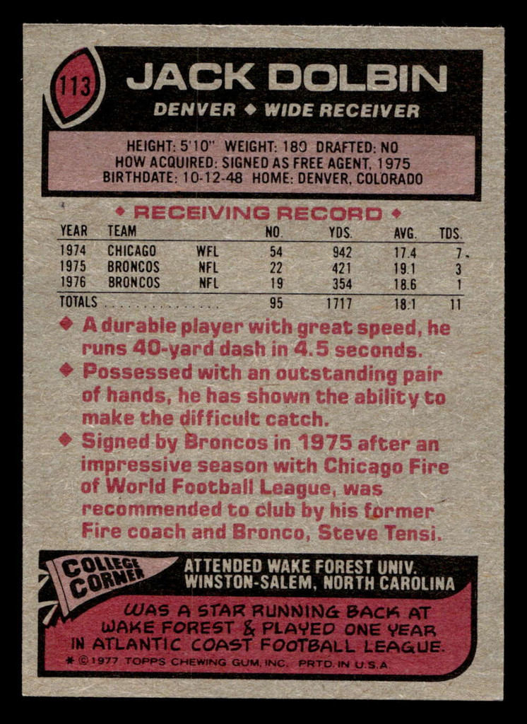 1977 Topps #113 Jack Dolbin Near Mint RC Rookie 