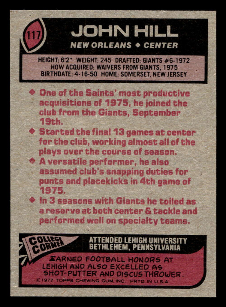 1977 Topps #117 John Hill Near Mint  ID: 502139