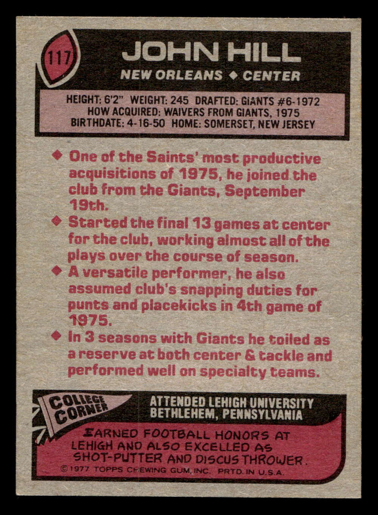 1977 Topps #117 John Hill Near Mint  ID: 502141