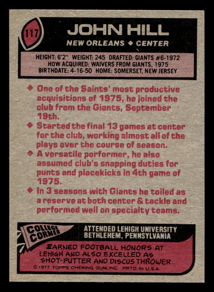 1977 Topps #117 John Hill Near Mint  ID: 502143