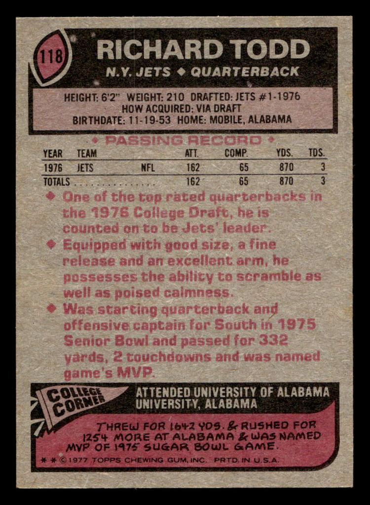 1977 Topps #118 Richard Todd Near Mint RC Rookie  ID: 502146