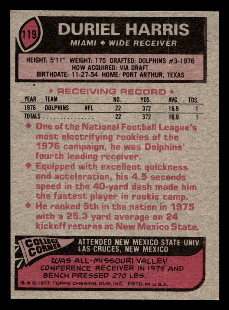 1977 Topps #119 Duriel Harris Near Mint RC Rookie 