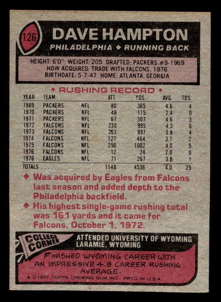 1977 Topps #126 Dave Hampton Near Mint  ID: 502181