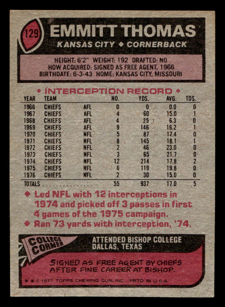 1977 Topps #129 Emmitt Thomas Ex-Mint 