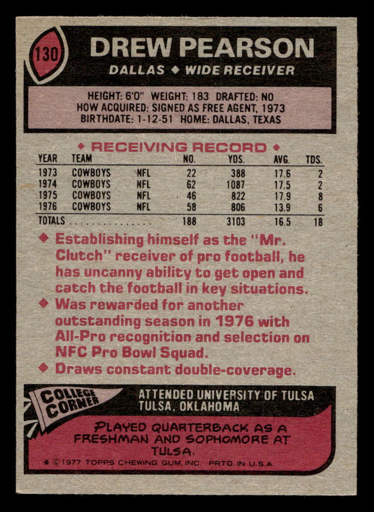 1977 Topps #130 Drew Pearson Ex-Mint  ID: 502197